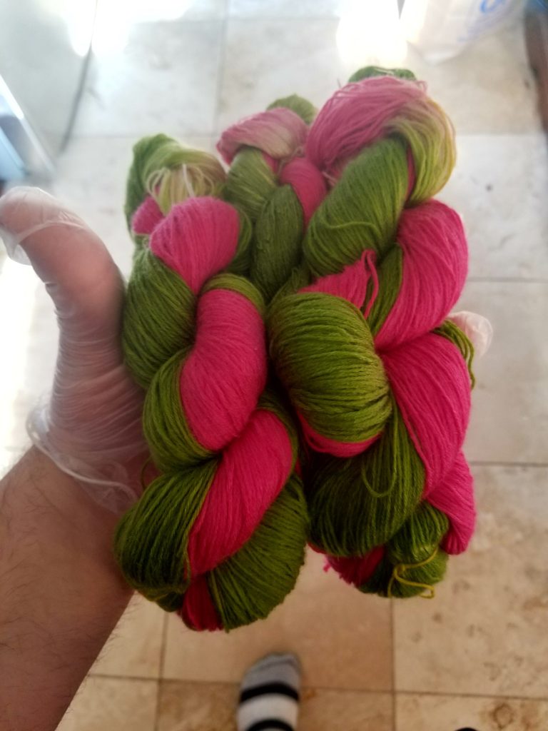 Pink and Green skein of wool