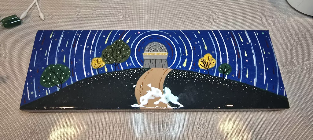 uv nail gel polish painting of an observatory on a hill