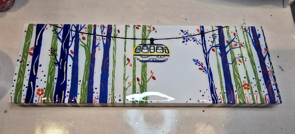 uv gel painting of gondola rides thorugh the forest